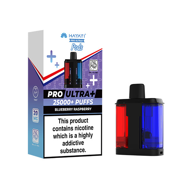 Blueberry Raspberry Flavour Hayati Pro Ultra+ vape pod packaging with nicotine warning label on a white background