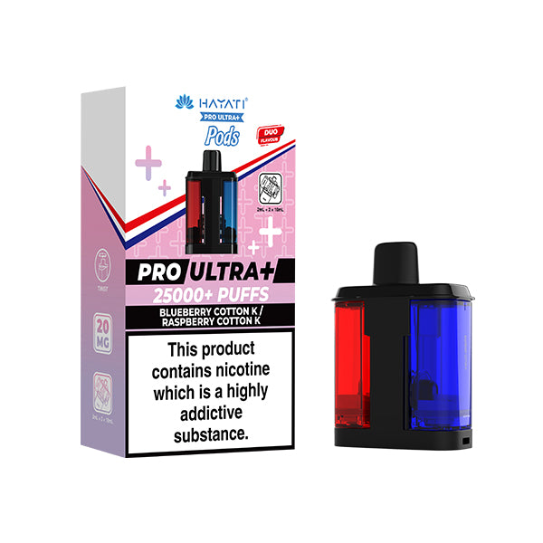 Blueberry Cotton K and Raspberry Cotton K Flavour Hayat Pro Ultra+ vape pod packaging with nicotine warning label on a white background