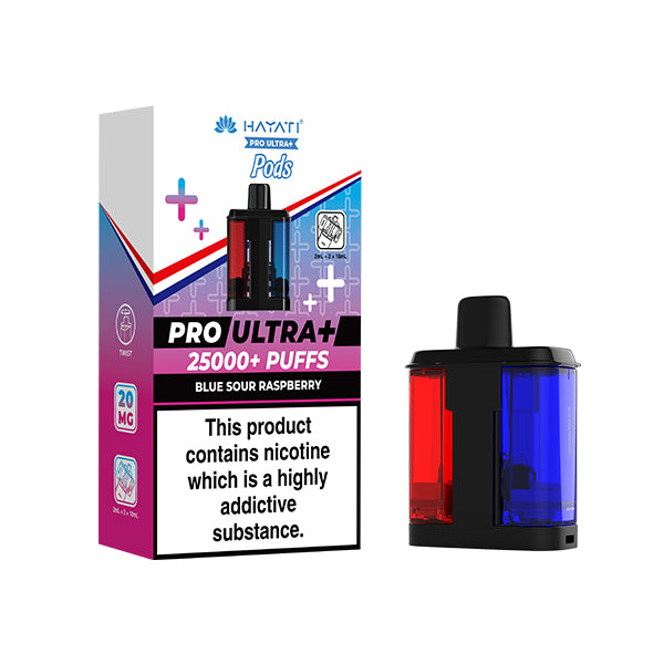 Blue Sour Raspberry Flavour Hayati Pro Ultra+ vape pods and packaging on a white background