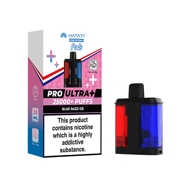Blue Razz GB Flavour Hayati Pro Ultra+ vape pod packaging with nicotine warning label on a white background