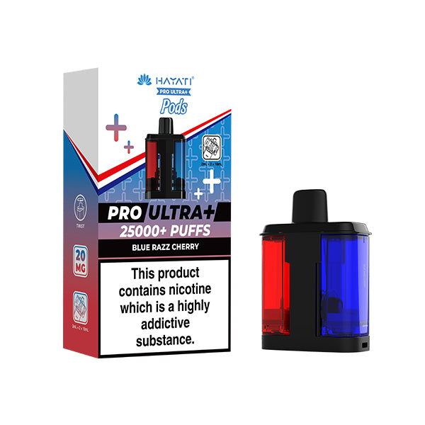 Blue Razz Cherry Flavour Hayati Pro Ultra+ vape pod packaging with nicotine warning label on a white background