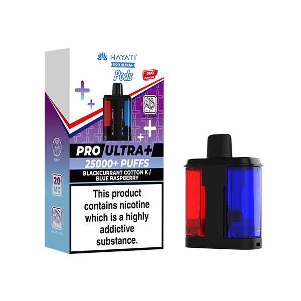 Blueberry Cotton K and Blue Raspberry Flavour Hayat Pro Ultra+ vape pod packaging with nicotine warning label on a white background