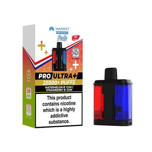 Hayat Pro Ultra+ vape pod packaging with nicotine warning label on a white background Watermelon B'Gum Strawberry B'Gum