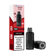 Vape pod packaging with black vape pod and red and white box on a white background