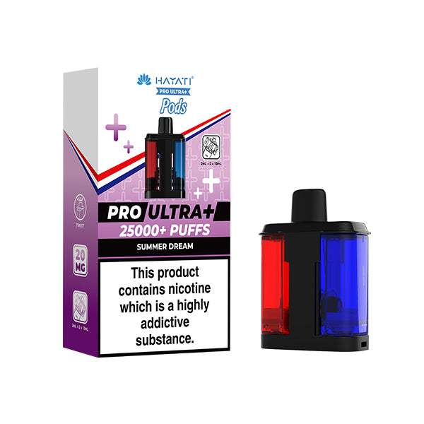 Hayati Pro Ultra+ vape pod packaging with a clear view of the pod on a white background Summer Dream Flavour