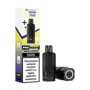Vape device and packaging with 'Pro Max+' branding on a white background