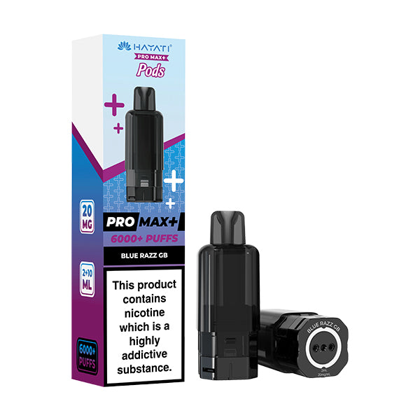 Hayati Pro Max+ vape pod packaging with black vape pod on a white background