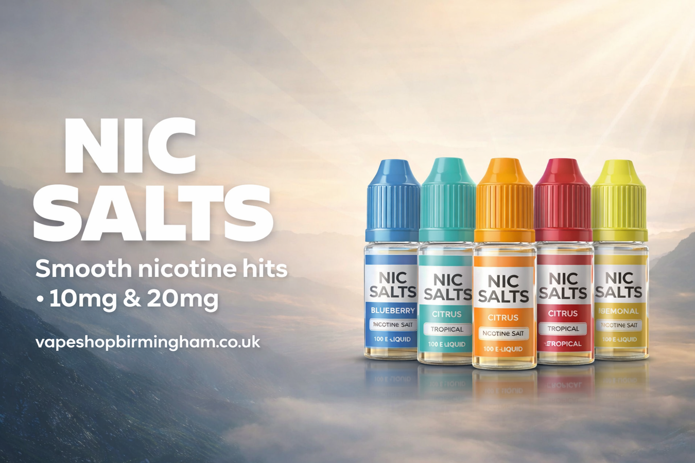 NIC SALTS e-liquid bottles with colorful labels on a gradient background