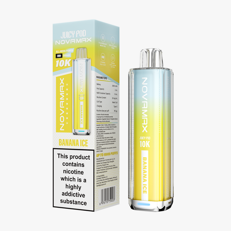 Novamix Juicy Pod vape device and packaging with banana ice flavor on a white background