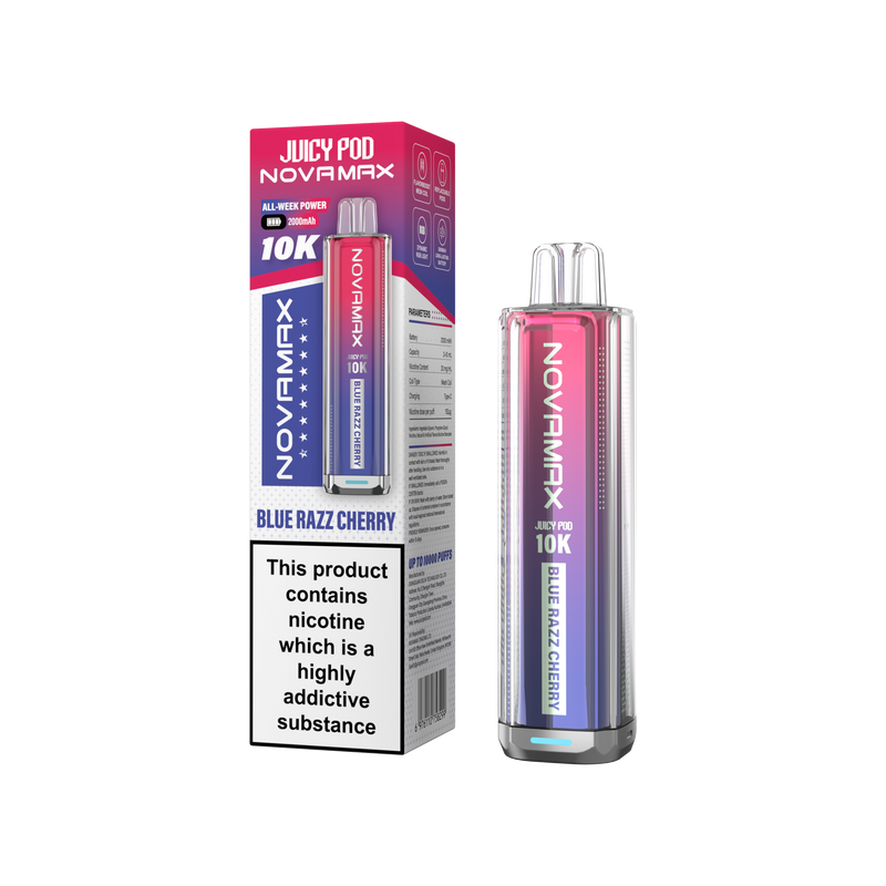Novamax Juicy Pod vape device and packaging on a white background Blue Razz Cherry Flavour
