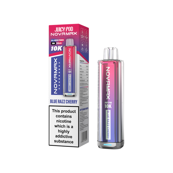 Novamax Juicy Pod vape device and packaging on a white background Blue Razz Cherry Flavour