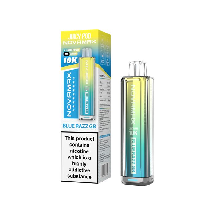 Juicy Puff Novamax vape device with packaging on a white background Blue Razz GB Flavour