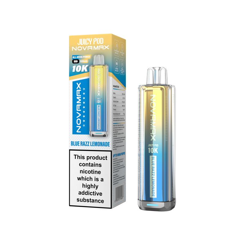 Juicy Pod Novamx vape device and packaging on a white background Blue Razz Lemonade Flavour