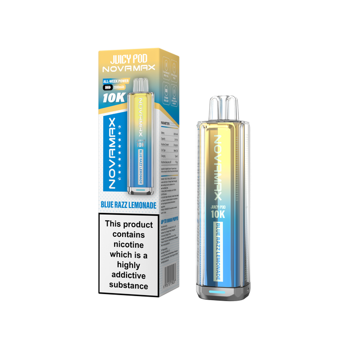 Juicy Pod Novamx vape device and packaging on a white background Blue Razz Lemonade Flavour