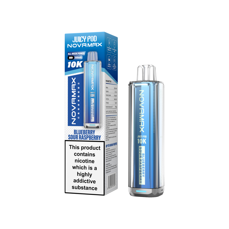 Novamax Juicy Pod vape device and packaging on a white background Blueberry Sour Raspberry Flavour
