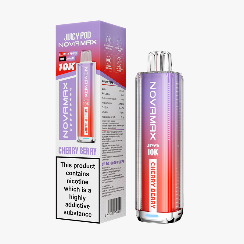 Novamax Juicy Pod Cherry Berry vape device and packaging on a white background