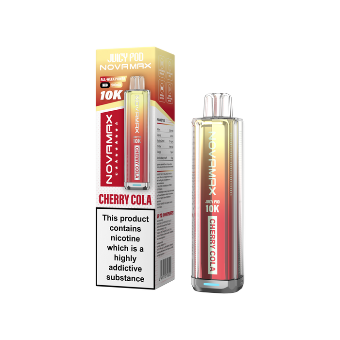 Novamax Cherry Cola vape device and packaging on a white background