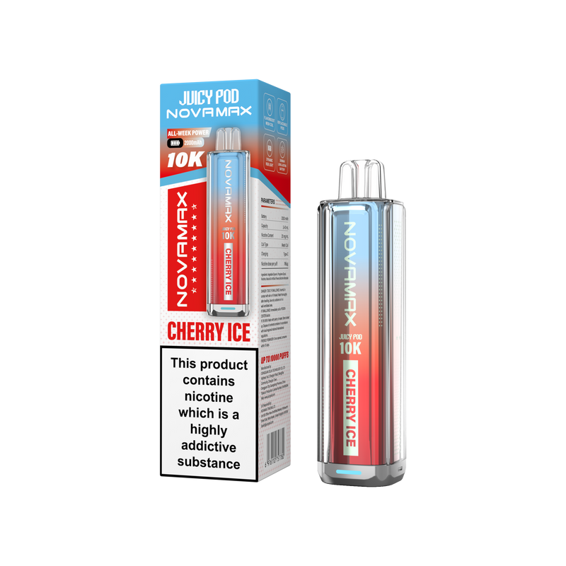 Novamax Juicy Pod Cherry Ice vape device and packaging on a white background