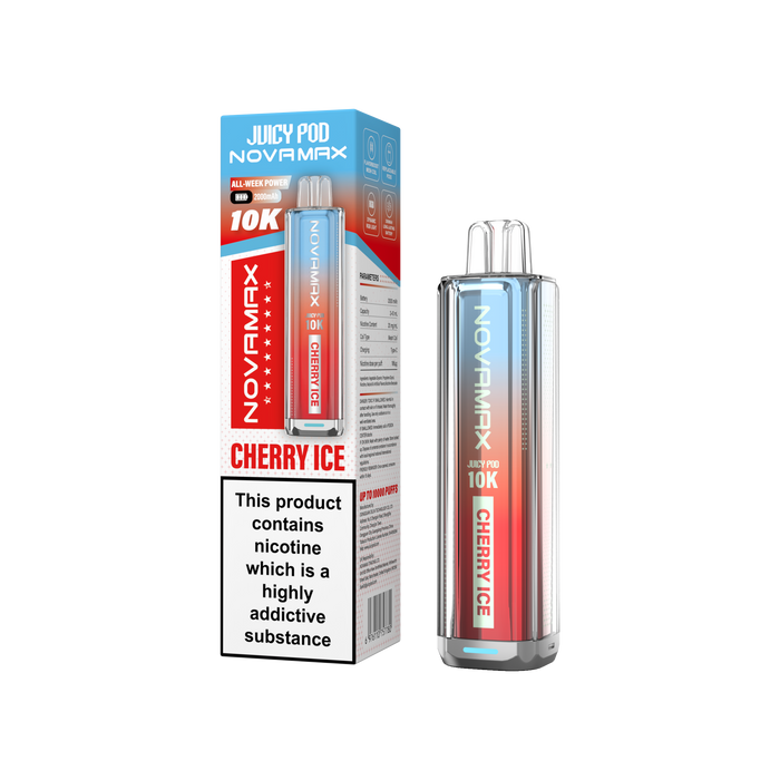 Novamax Juicy Pod Cherry Ice vape device and packaging on a white background