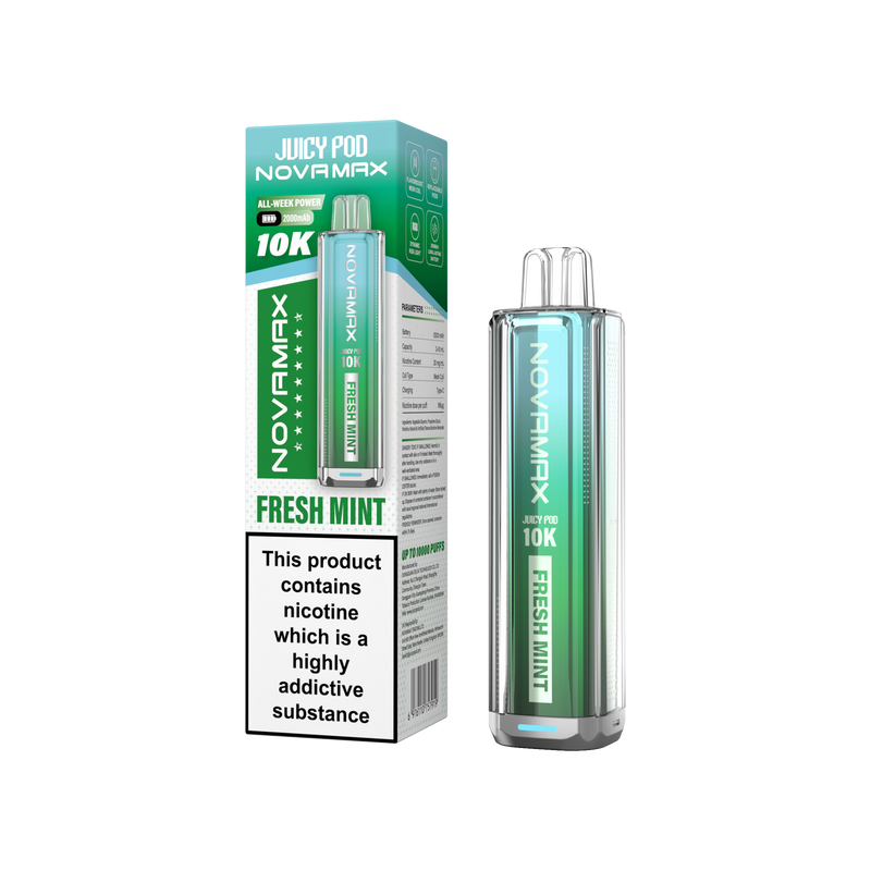 Novamax vape device and packaging on a white background Fresh Mint Flavour