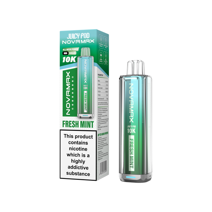 Novamax vape device and packaging on a white background Fresh Mint Flavour