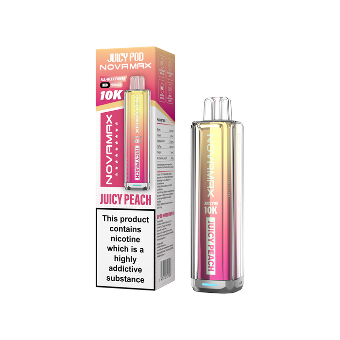 Juicy Pod Novamax vape device and packaging on a white background Juicy Peach Flavour