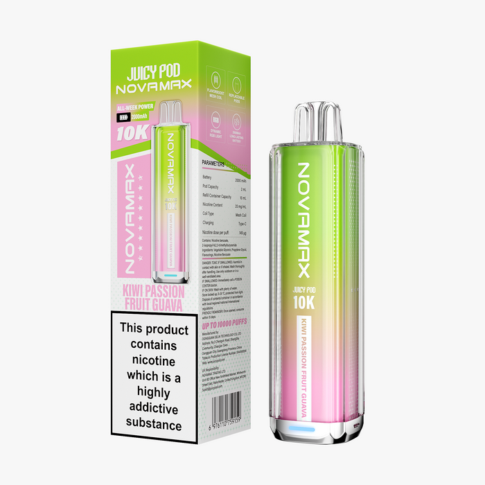 Juicy Pod Novamax vape device and packaging on a white background Kiwi Passion Guava Flavour