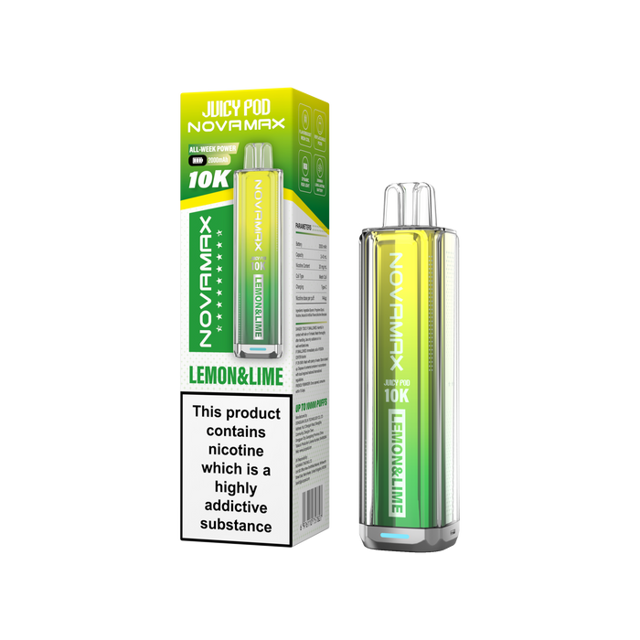 Novamax Juicy Pod Lemon & Lime vape device and packaging on a white background