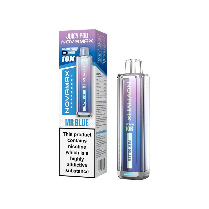 Novamax Juicy Pod vape device and packaging on a white background Mr Blue