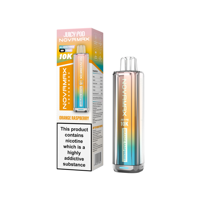 Juicy Pod Novamax vape device and packaging on a white background Orange Raspberry Flavour