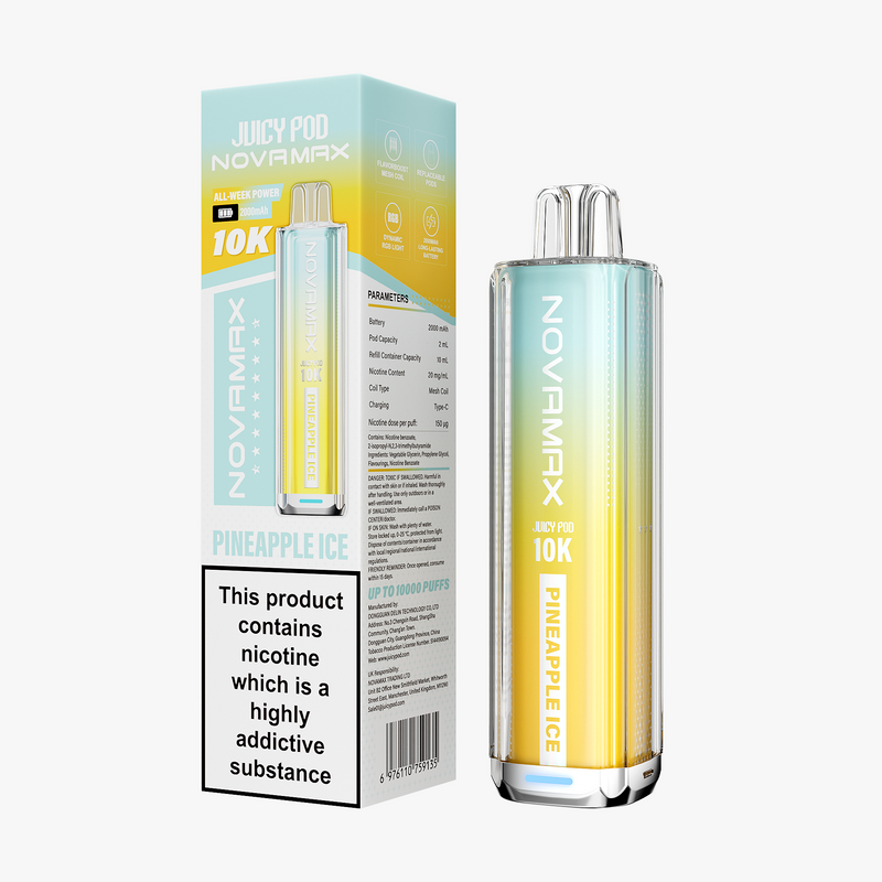Novamax Juicy Pod Pineapple Ice vape device and packaging on a white background
