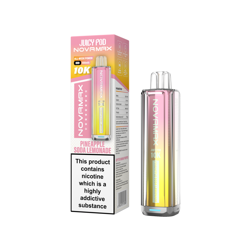 Juicy Pod Novamax vape device and packaging on a white background Pineapple Soda Lemonade