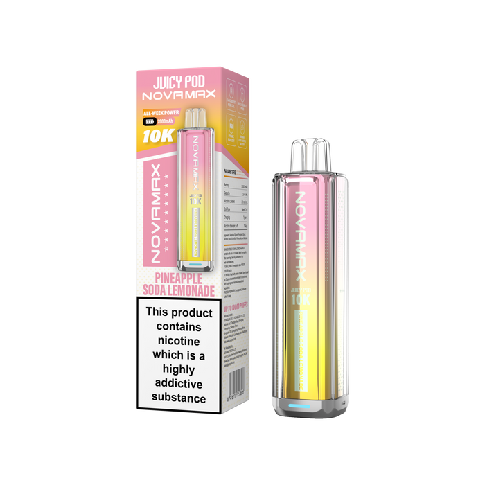 Juicy Pod Novamax vape device and packaging on a white background Pineapple Soda Lemonade