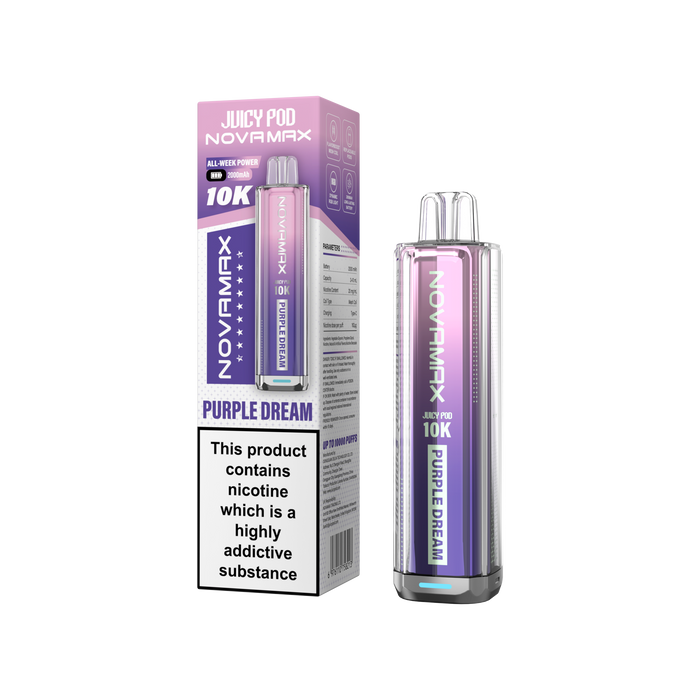 Novamax Juicy Pod vape device and packaging on a white background Purple Dream Flavour