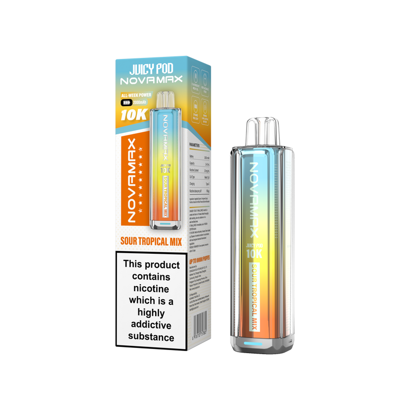 Juicy Pod Novamax vape device with packaging on a white background Sour Tropical Mix Flavour
