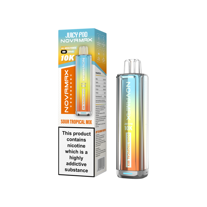 Juicy Pod Novamax vape device with packaging on a white background Sour Tropical Mix Flavour