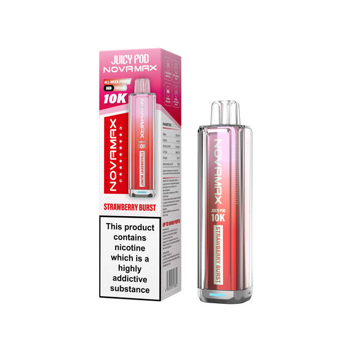 Juicy Pod Novamax Strawberry Burst vape pen and packaging on a white background