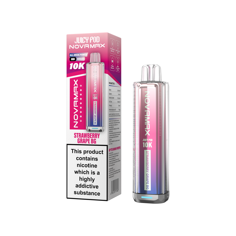 Juicy Pod Novamax vape device and packaging on a white background Strawberry Grape BG