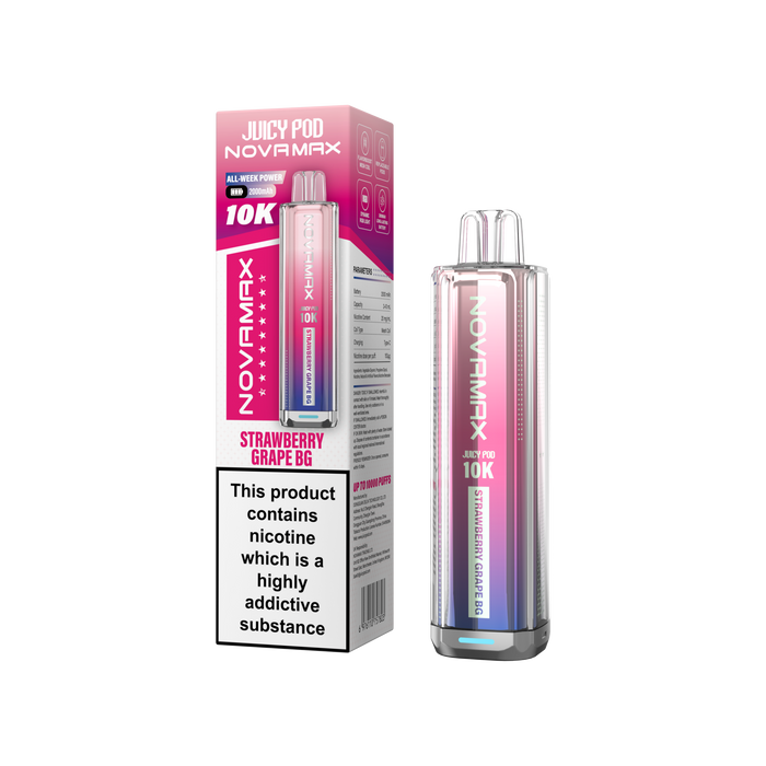 Juicy Pod Novamax vape device and packaging on a white background Strawberry Grape BG