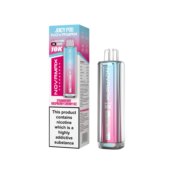 Novamax vape device and packaging on a white background Strawberry Raspberry Cherry Ice Flavour