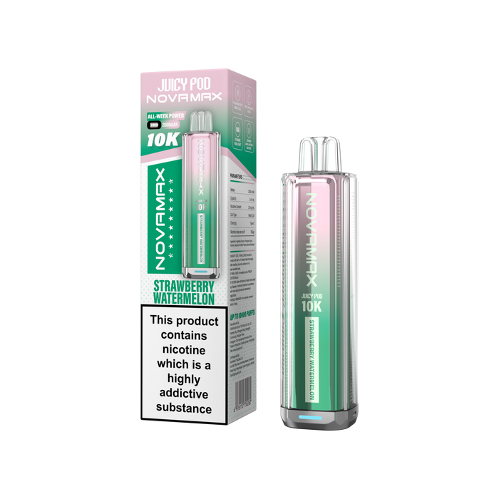 Novamax Juicy Pod with packaging on a white background Strawberry Watermelon Flavour