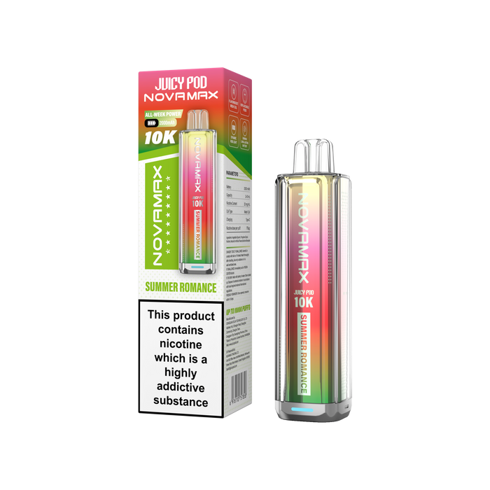 Juicy Pod Novamax vape device and packaging on a white background Summer Romance Flavour