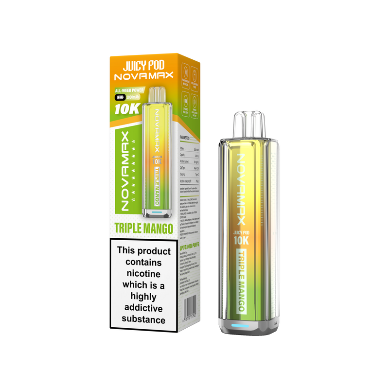 Juicy Pod Novamax vape device and packaging on a white background Triple Mango Flavour