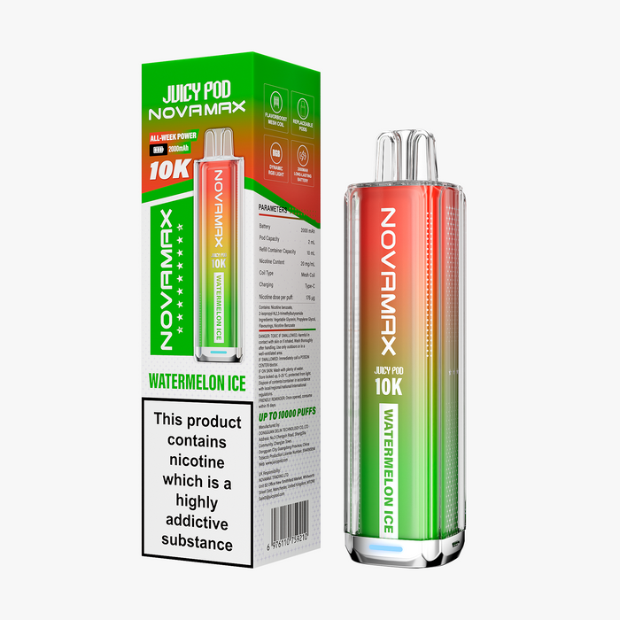 Novvemax Juicy Pod vape device and packaging on a white background Watermelon Ice Flavour