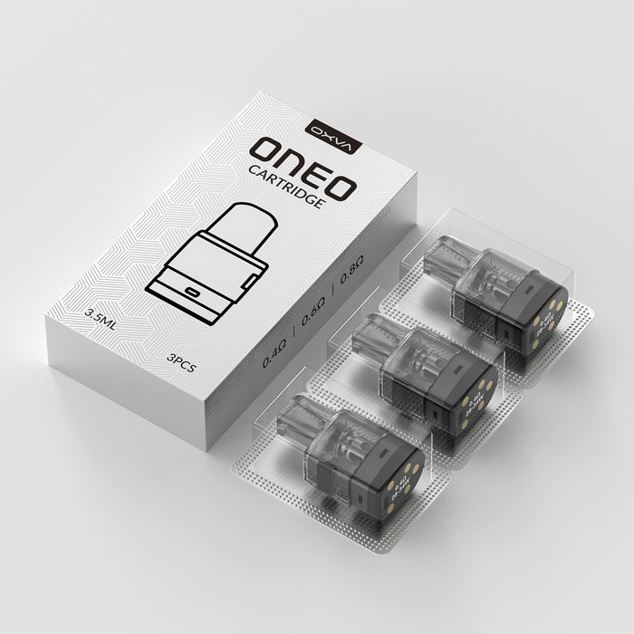 OXVA ONEO 3.5ml cartridge packaging with three cartridges on a light gray background