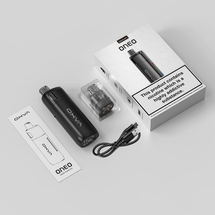 OXVA Oneo vaping device and accessories with packaging on a light gray background