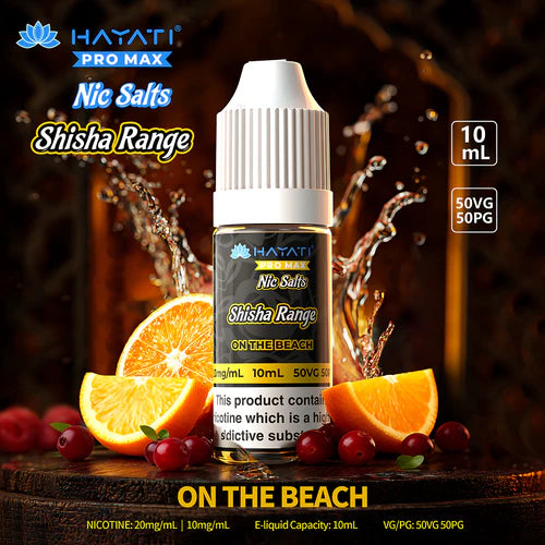Hayati Pro Max Nic Salts Shisha Range bottle with oranges and cherries on a wooden surface