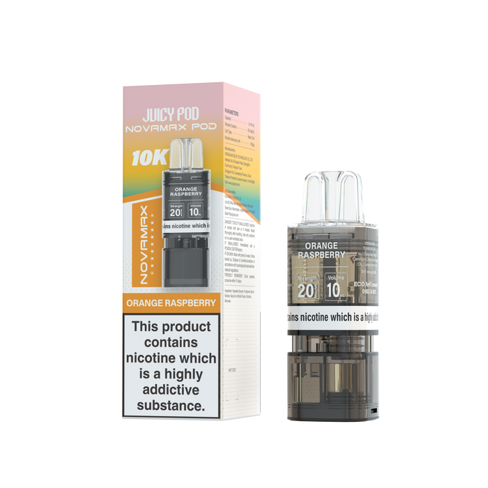 Juicy Pod Novamax Orange Raspberry vape pod with packaging on a white background
