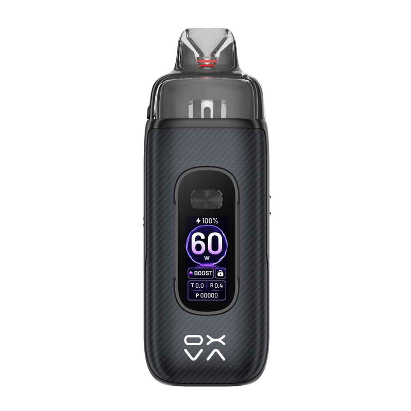 A Vprime 2 Vape Kit in black carbon-fiber-textured vape device with a digital display screen showing '60W' and the brand logo 'oxva' at the bottom, isolated on a white background.