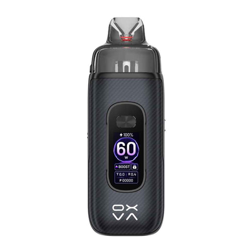 A Vprime 2 Vape Kit in black carbon-fiber-textured vape device with a digital display screen showing '60W' and the brand logo 'oxva' at the bottom, isolated on a white background.